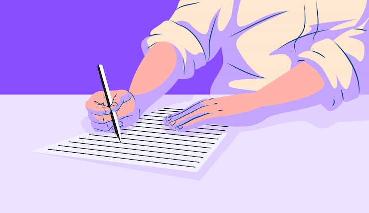 Vektor person holds pen and write in the blank paper