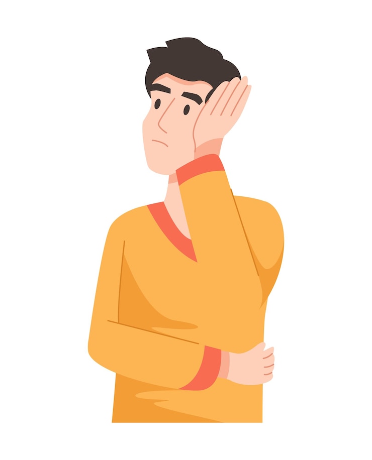 Person wondering and thinking character discussing and gesturing emphasizing teamwork and
