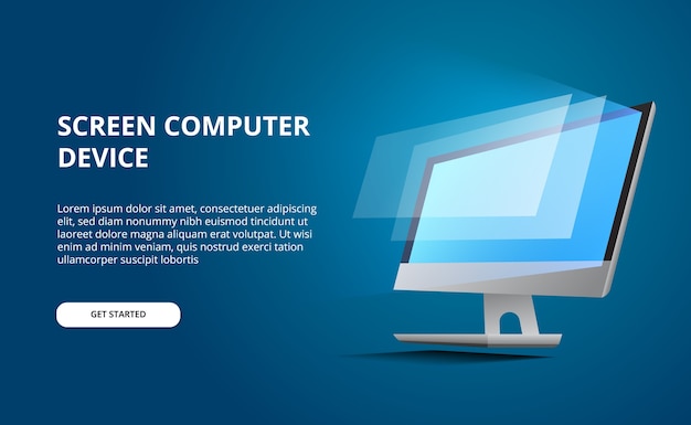  perspective computer with glow screen. display computer with blue background