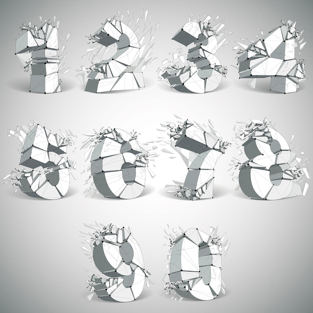 Perspective technology demolished numbers with black lines and dots connected, polygonal wireframe font. Explosion effect, Set of abstract faceted mathematics elements cracked into fragments.