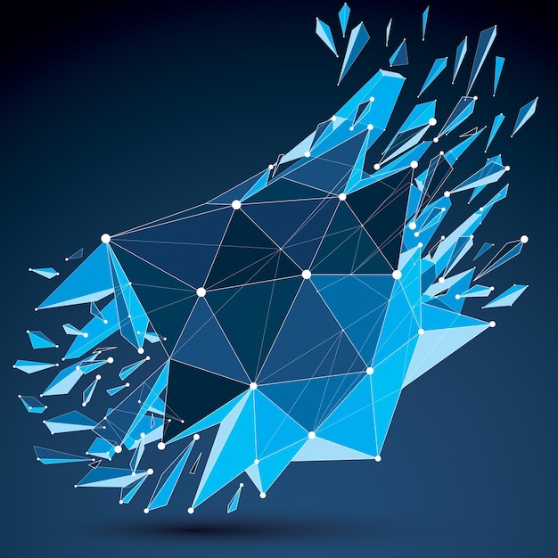 Perspective technology demolished shape with white dotted lines connected, polygonal blue wireframe object. Explosion effect, abstract thread faceted element cracked into multiple fragments.