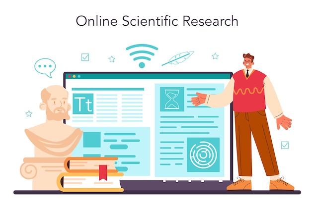 Philosophy online service or platform. Study of general and fundamental questions. Science studying conceptions and ideas. Online research. Flat vector illustration