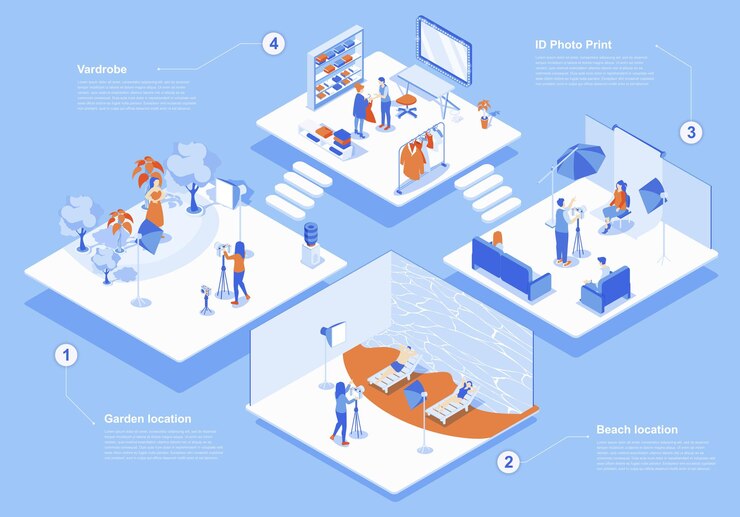 Vektor photo studio concept 3d isometric web scene with infographic people take pictures in garden or beach locations wait in dressing room take id photos vector illustration in isometry graphic design