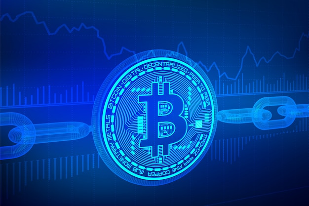  Physical Bitcoin coin with wireframe chain. Blockchain concept.