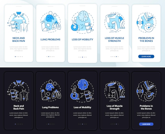 Physical problems onboarding mobile app page screen. Healthcare walkthrough 5 steps graphic instructions with concepts. UI, UX, GUI vector template with night and day mode illustrations
