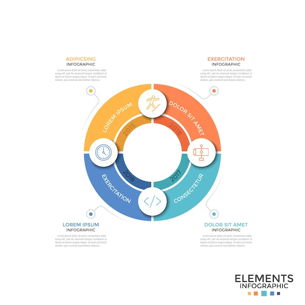 pie chart divided into 4 equal colorful sectors with linear symbols and year indication. concept of cycle of annual development. simple infographic design template. vector illustration for report.