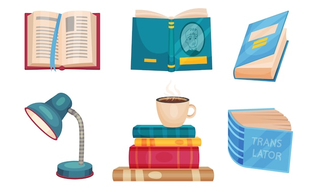 Piles of different books with dictionary and lamp for studying vector set