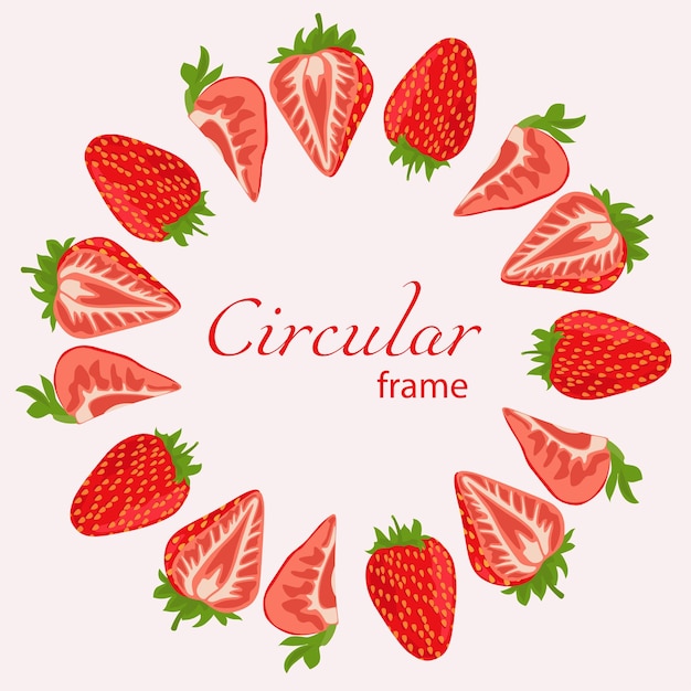 Pink background with a round frame made of strawberry pieces Vector illustration
