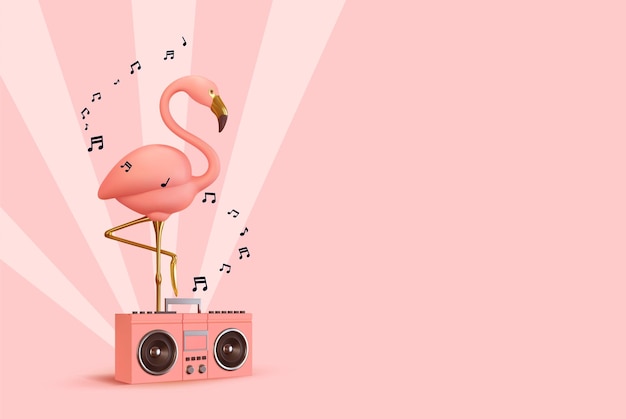 Pink flamingo with Music player. Realistic 3d design of objects. Musical summer concept background. Vector illustration