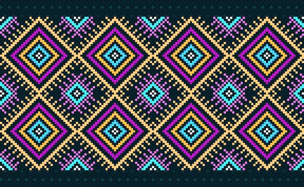 pixel geometric ethnic pattern vector embroidery ikat background pixel yellow pink and blue pattern square