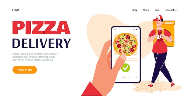Pizza delivery service website banner hand with smartphone ordering food