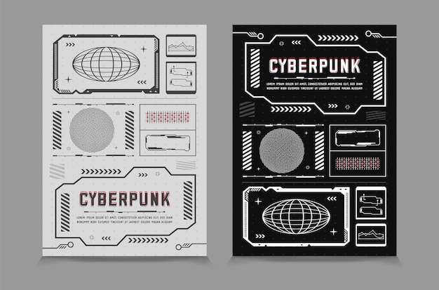 Plakáty s Hud prvky, cyberpunkový banner, high-tech banner s 3D Figures, vektor