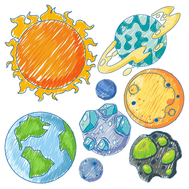 Vektor planets in pencil colour sketch simple style