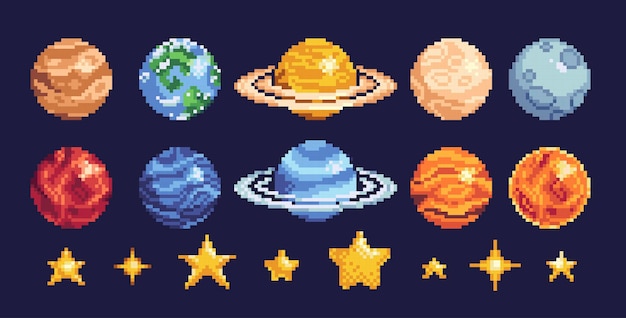 Planety sluneční soustavy a hvězdy, sada pixelových ikon. Kolekce astronomických prvků