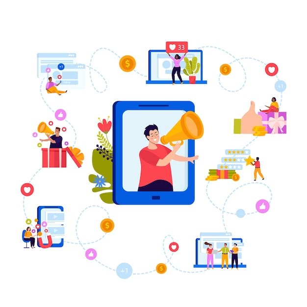Plochá infografika programu doporučení, muž s megafonem zve uživatele, aby hlasovali pro registraci nebo zaplatili vektorovou ilustraci