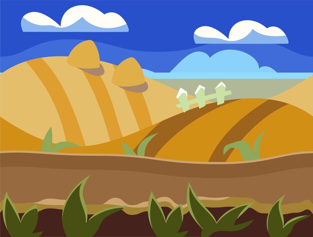 Plynulá kreslená přírodní krajina, nekonečné pozadí s půdou, stromy, horami a vrstvami oblačného nebe, vektorová ilustrace