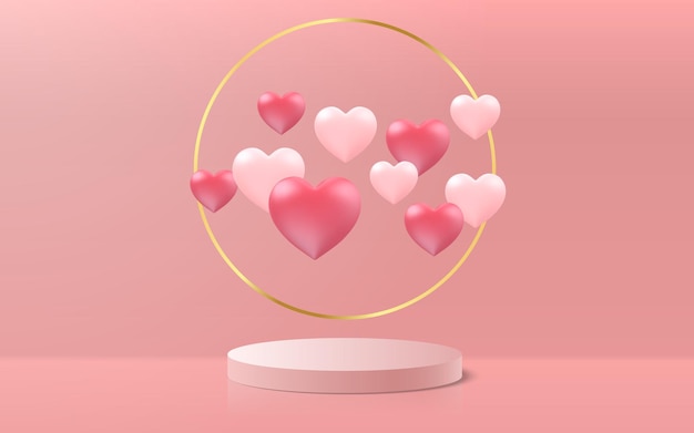 Podium and hearts Valentine day product 3D platform golden ring with red and pink hearted shapes Wedding romantic card giveaway vector banner