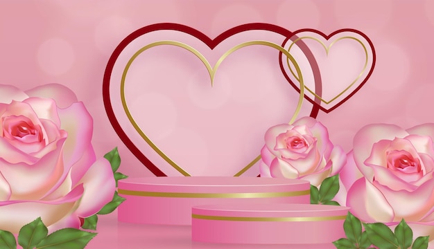 podium round stage for valentines day with red and gold heart for i love you day
