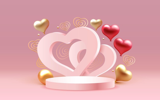 Podium with heart and balloons of happy valentines day greeting card from february vector