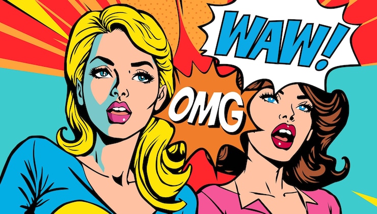 Vektor pop art comic poster young excited beautiful women shouting waw and omg