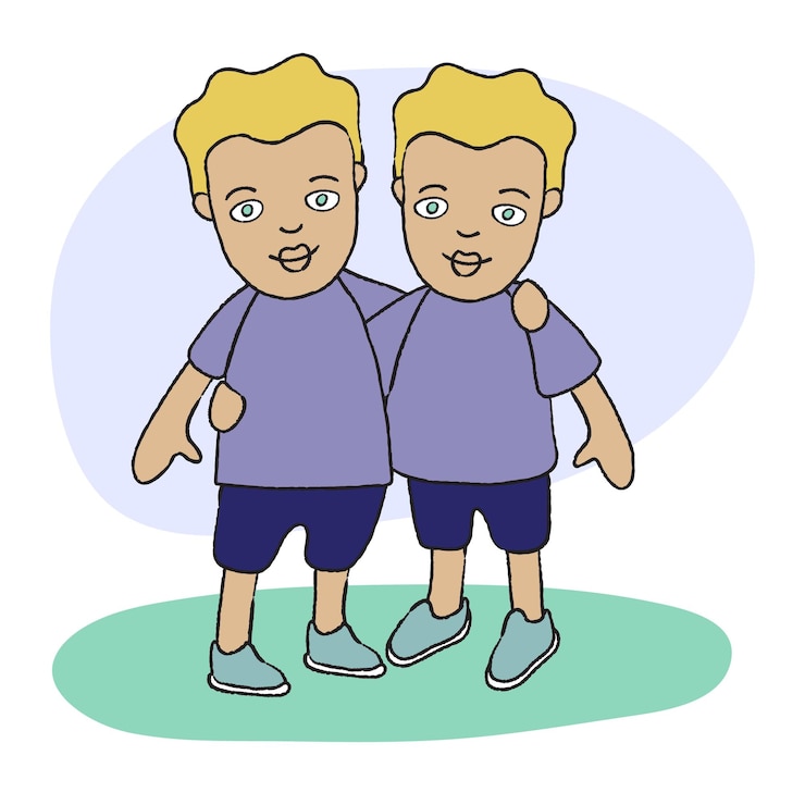 Vektor portrait of european twin brothers. two identical boys hugging each other