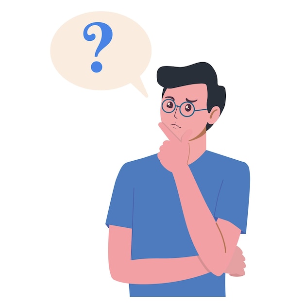 Portrait of young man. Boy with question mark in think bubble. People thinking or solving problem.