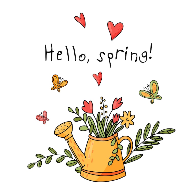 Vektor poster of a watering can with flowers flying around butterflies and hearts lettering hello spring