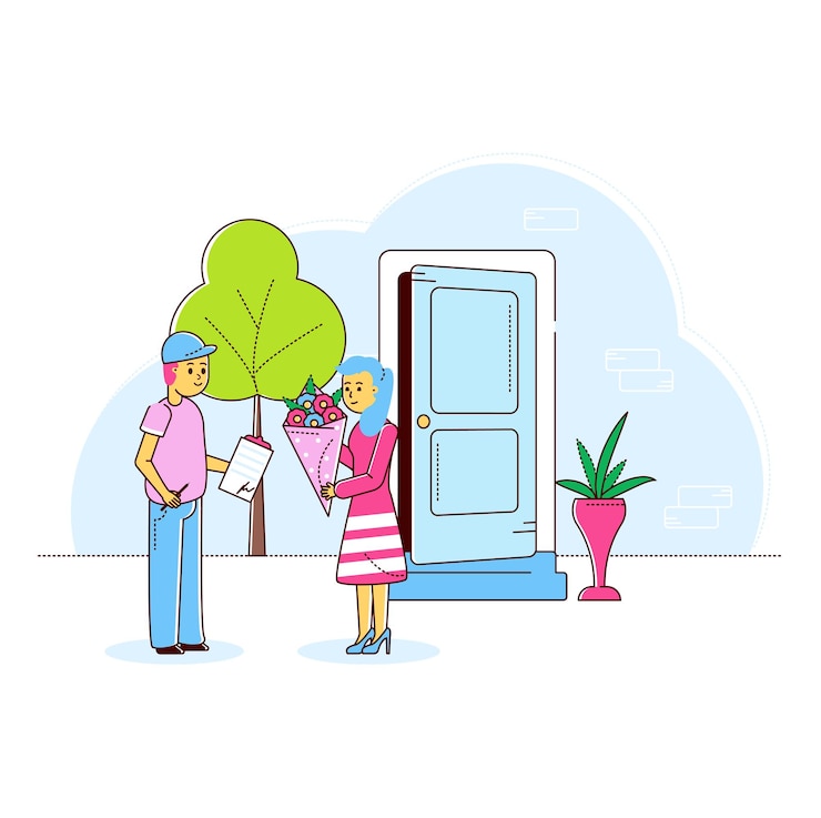 Vektor postman character delivery romantic bouquet flower woman carry blossom concept lovely supply line fl...