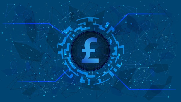 pound sterling gbp coin symbol in circle with digital theme on blue backgroundenglish currency icon for website or banner copy space vector eps10