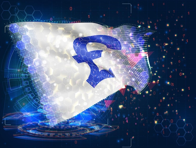 Pound vector flag virtual abstract 3D object from triangular polygons on a blue background