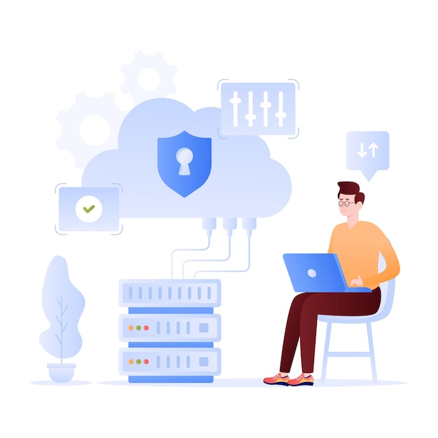 Povedená plochá ilustrace cloud hostingu