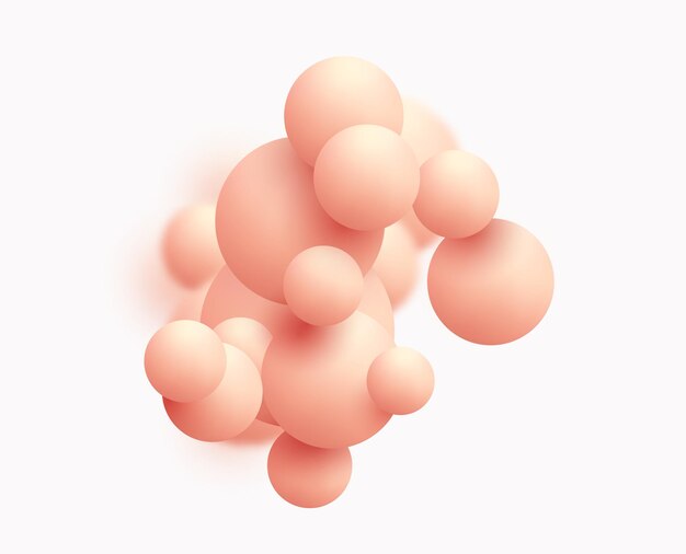 Pozadí s růžovými koulemi, efekt rozostření. 3D kulaté koule. Geometrické designové prvky kruhový vzor koulí. Létající tvary v prázdném prostoru. Design pro plakát, banner, vývěsku. Vektorová ilustrace