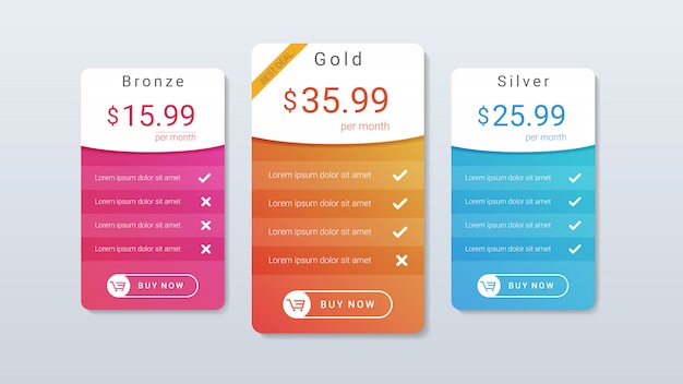 Pricing table with colorful gradient color