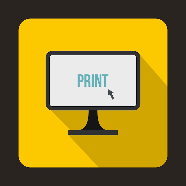 Print word on a computer monitor icon in flat style on a yellow background