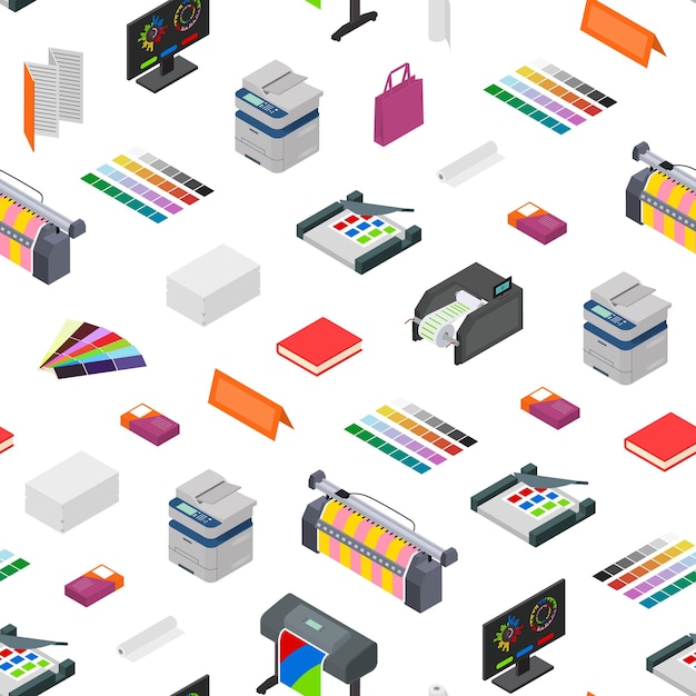 printing signs 3d seamless pattern background on a white isometric view include of paper printer paint palette and computer vector illustration of icon