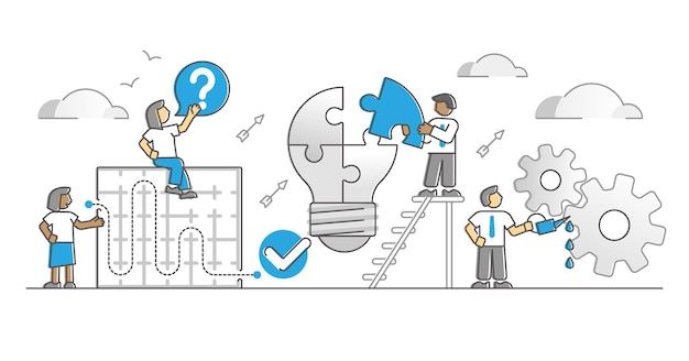Problem solution in difficult business situations monocolor outline concept. Technical challenge analysis, solving process and path thinking vector illustration. Intelligence decision and action scene