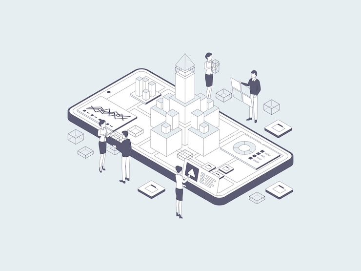 Vektor product release isometric illustration lineal grey. suitable for mobile app, website, banner, diagrams, infographics, and other graphic assets.