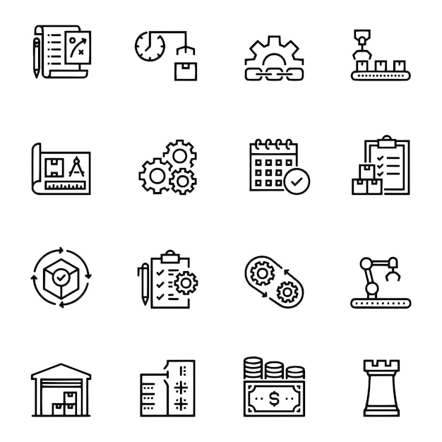 Production Management Thin Line Icon Set unique style of icons