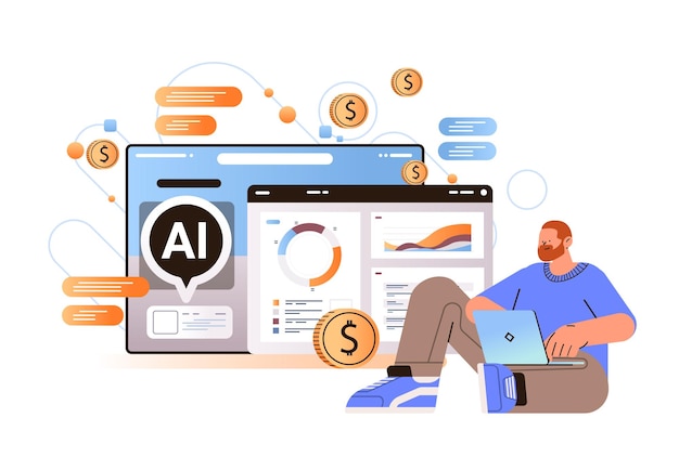 professional financial advisor giving advise in computer app with ai helper bot investment money management planning