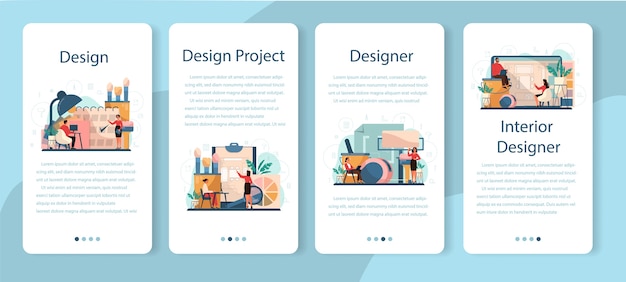professional interior er mobile application banner set. decorator planning the  of a room, choosing wall color and furniture style. house renovation. 