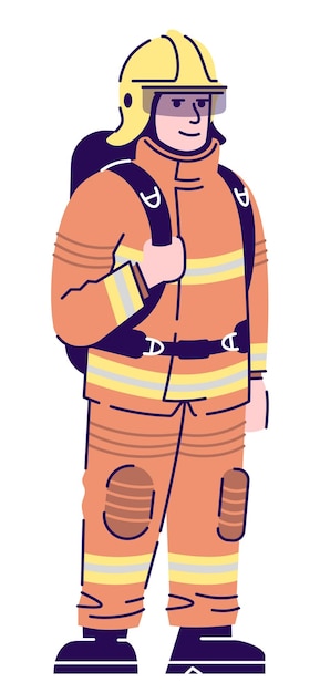 professional rescuer semi flat rgb color vector illustration. fully equipped fireman isolated cartoon character on white background