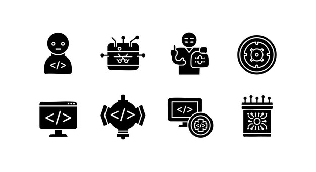 Programming and coding technology icons set with developer and artificial intelligence robot vector illustration