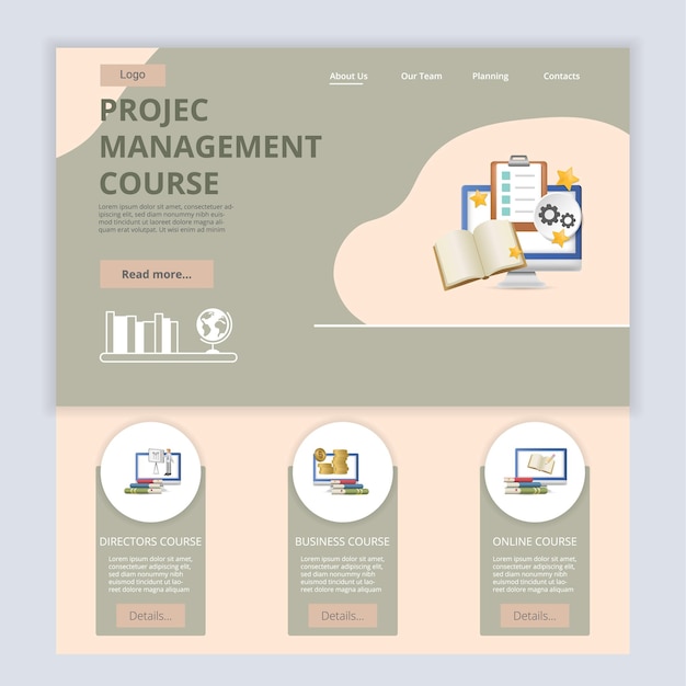 Project management course flat landing page website template