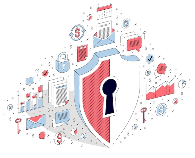 Protection of finances concept, financial safety, Life Buoy and Shield isolated on white background. Vector 3d isometric business illustration with icons, stats charts and design elements.