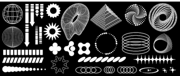 Psychedelický futuristický styl 2000. let. Geometrické tvary a vzory, rámy, koblihy, pyramidy, hvězdy