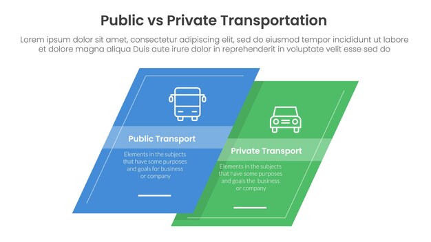 public transport vs personal vehicle comparison concept for infographic template banner with skewed square shape with two point list information