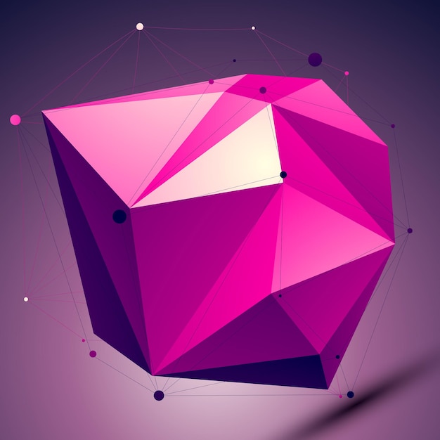 Purple asymmetric 3D abstract object with lines and dots placed on dark background.