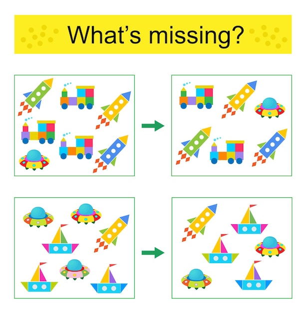 Puzzle game Find the missing object Vector illustration of rocket flying saucer truck