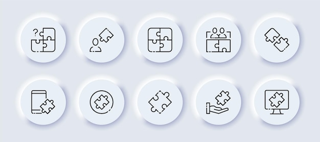 puzzle pieces set icon question mark search for answers problem solving creativity hand team philosophy distribute tasks computer thinking concept neomorphism vector line icon for business