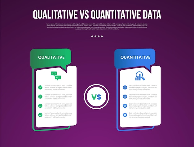 qualitative vs quantitative data infographic outline style with 2 point comparison template with creative table box with callout comment header for slide presentation